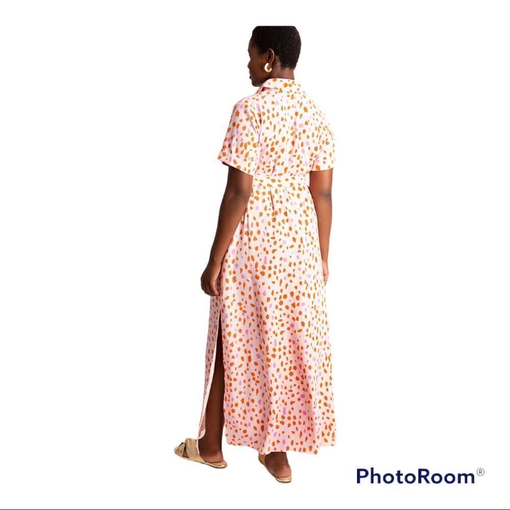 Eloquii Pink Maxi Shirt Dress with Orange Spot Print - Picture 2 of 8